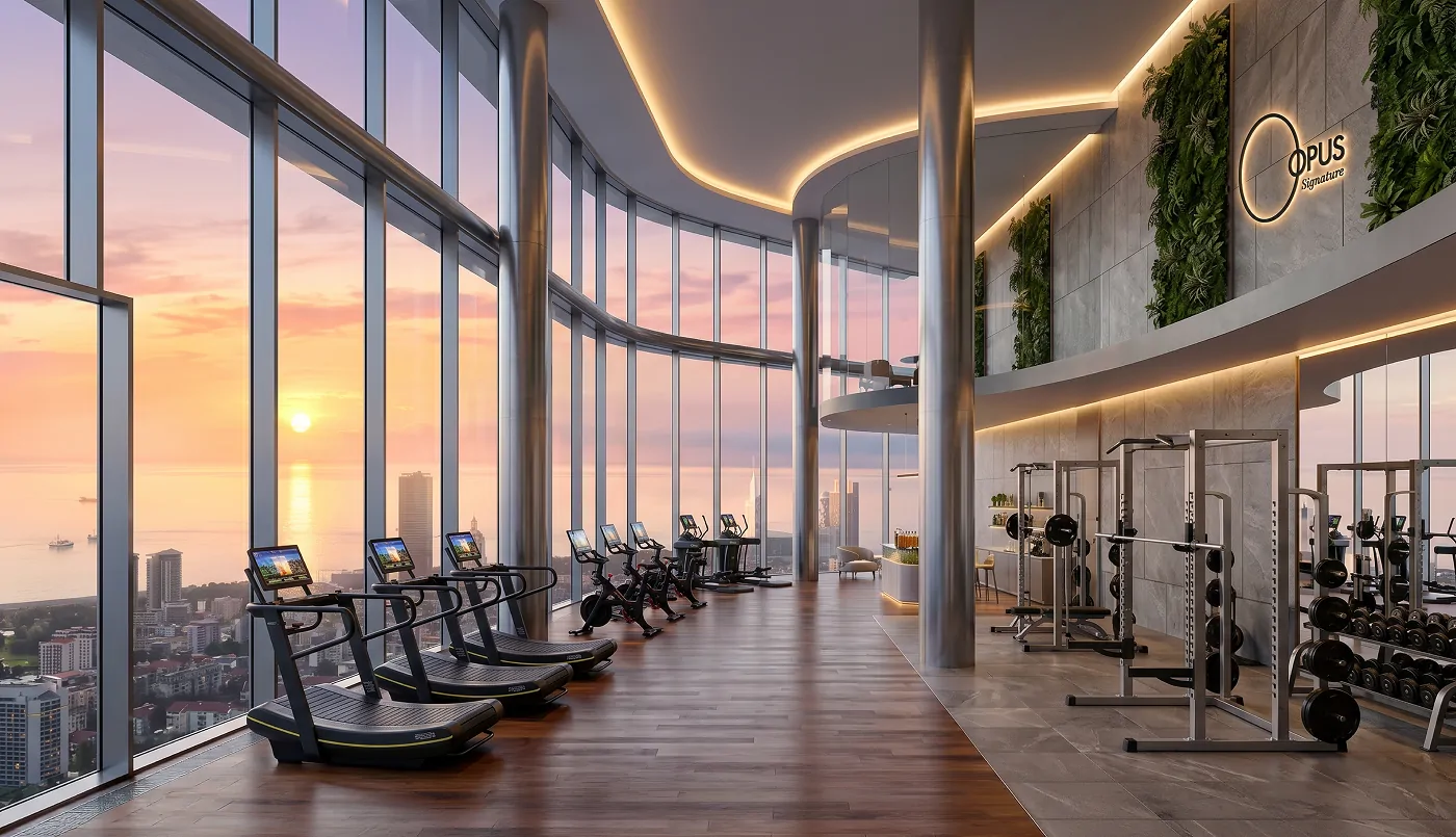 OPUS Signature panoramic sky gym at sunset